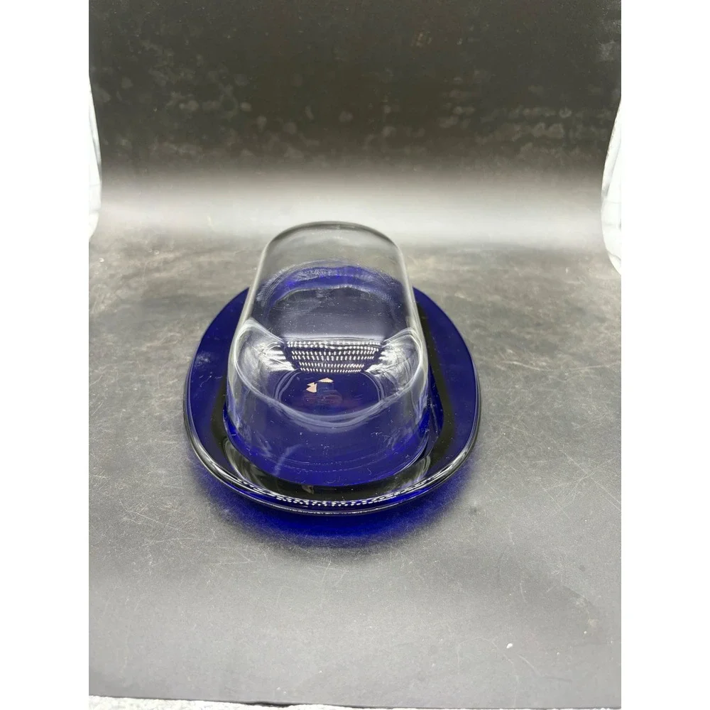 Vintage Cobalt Blue Glass Butter Dish with Clear Domed Lid Two Piece Set